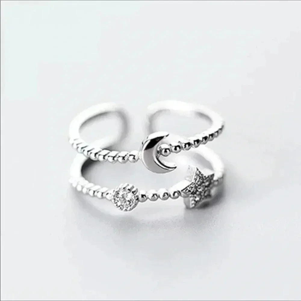 Moon & Stars 925 Silver Adjustable Ring NWT